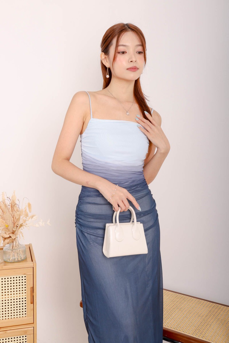 Valentine Ruched Ombre Dress in Blue