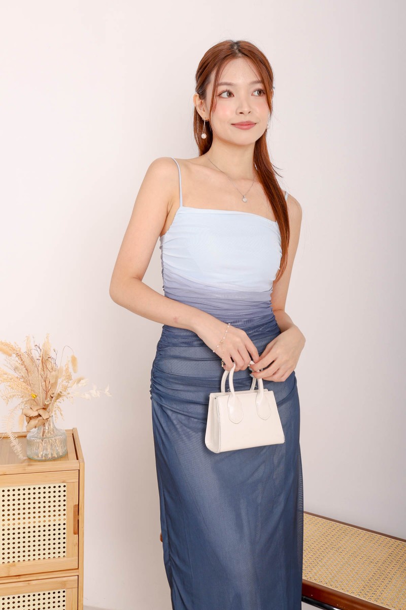 Valentine Ruched Ombre Dress in Blue