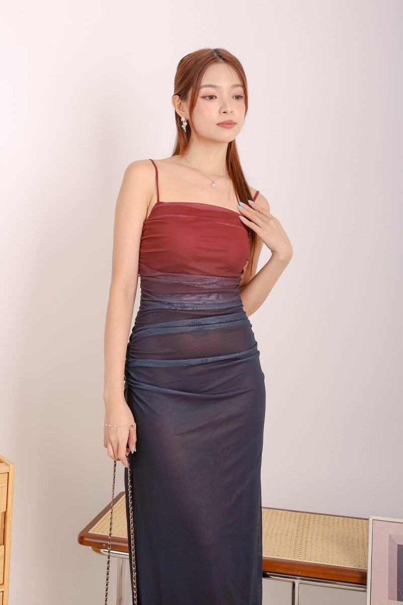 Valentine Ruched Ombre Dress in Wine