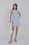 BACKORDERS: Siobhan Button Tweed Mini Dress in Blue