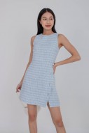 BACKORDERS: Siobhan Button Tweed Mini Dress in Blue