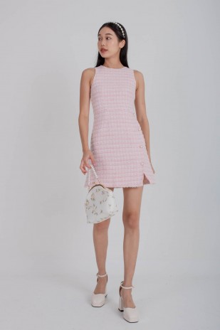BACKORDERS: Siobhan Button Tweed Mini Dress in Pink