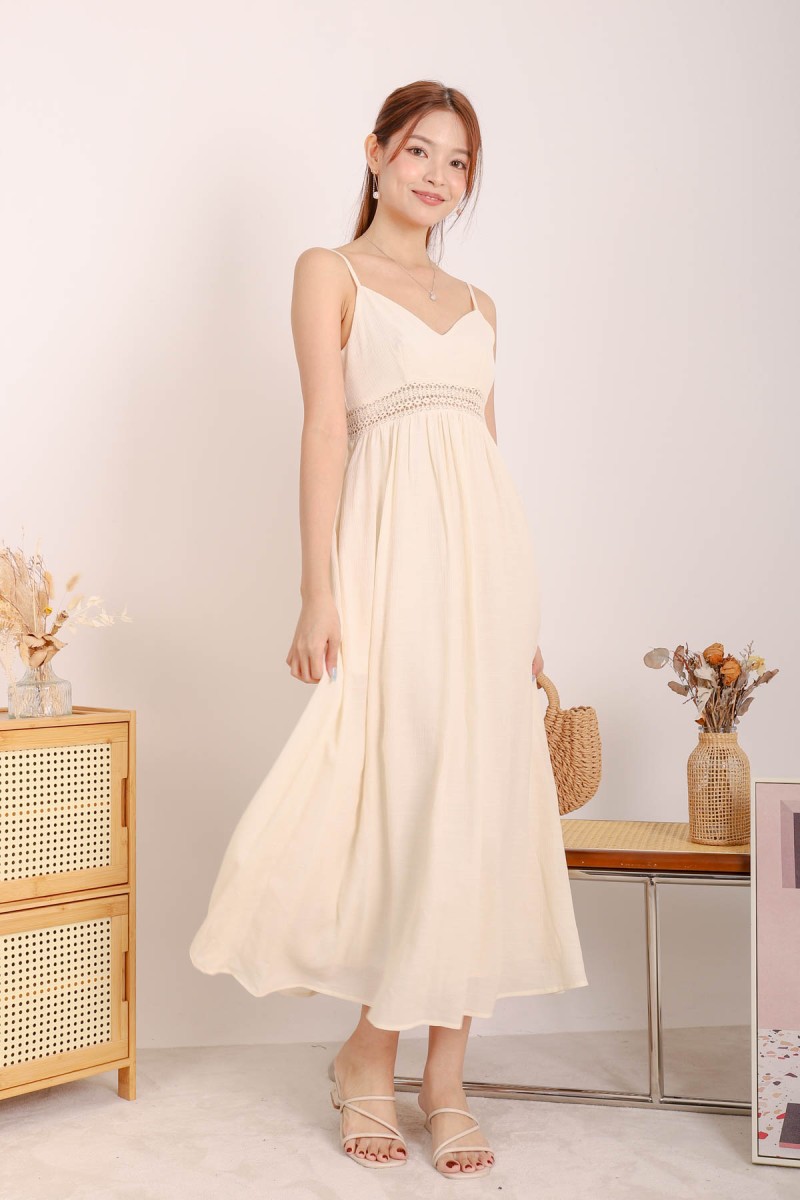 Galene V-Neck Laced Maxi Dress in Cream