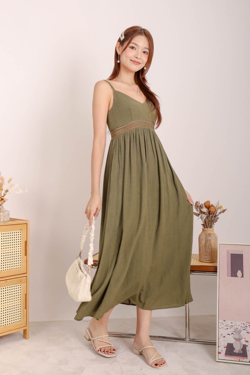 Galene V-Neck Laced Maxi Dress in Olive