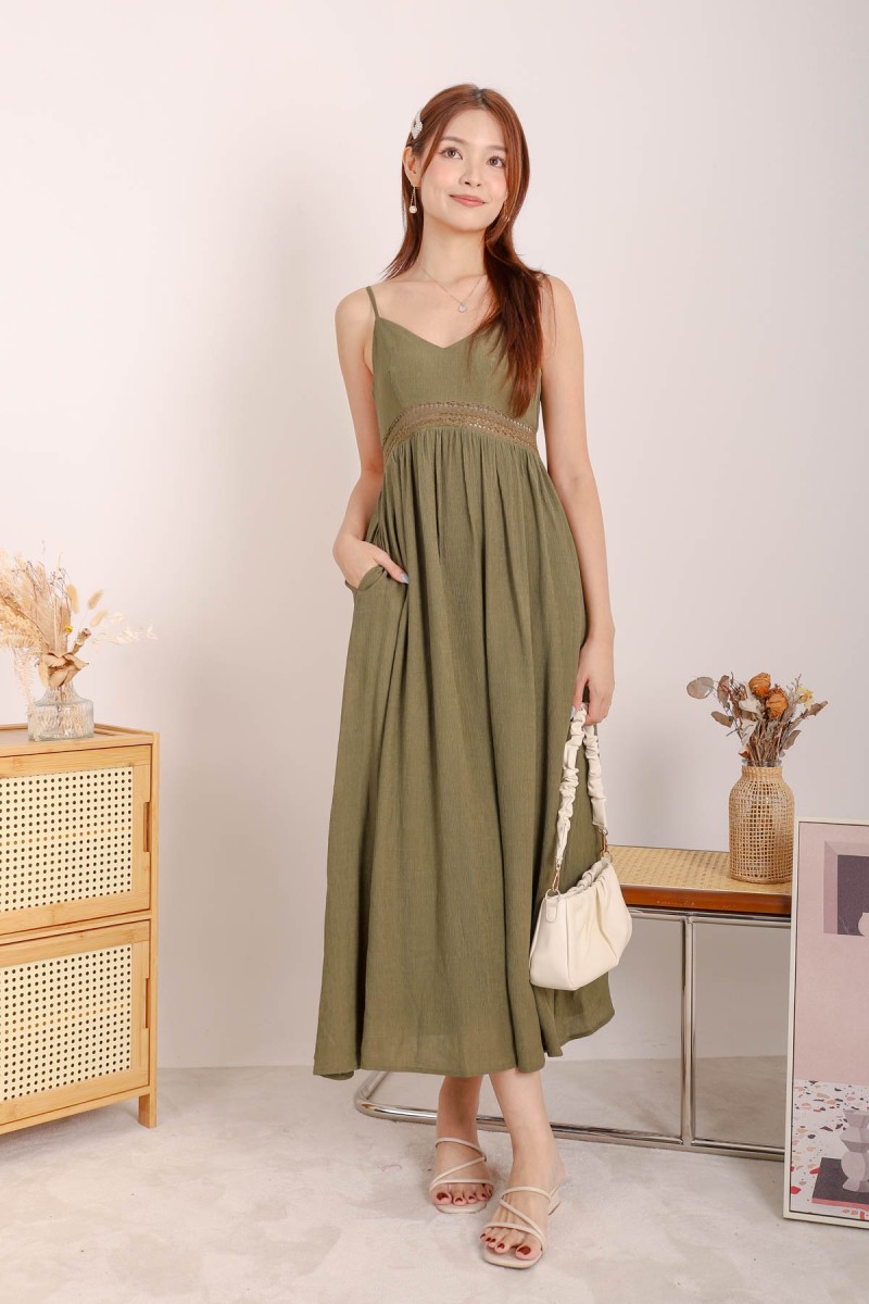 Galene V-Neck Laced Maxi Dress in Olive