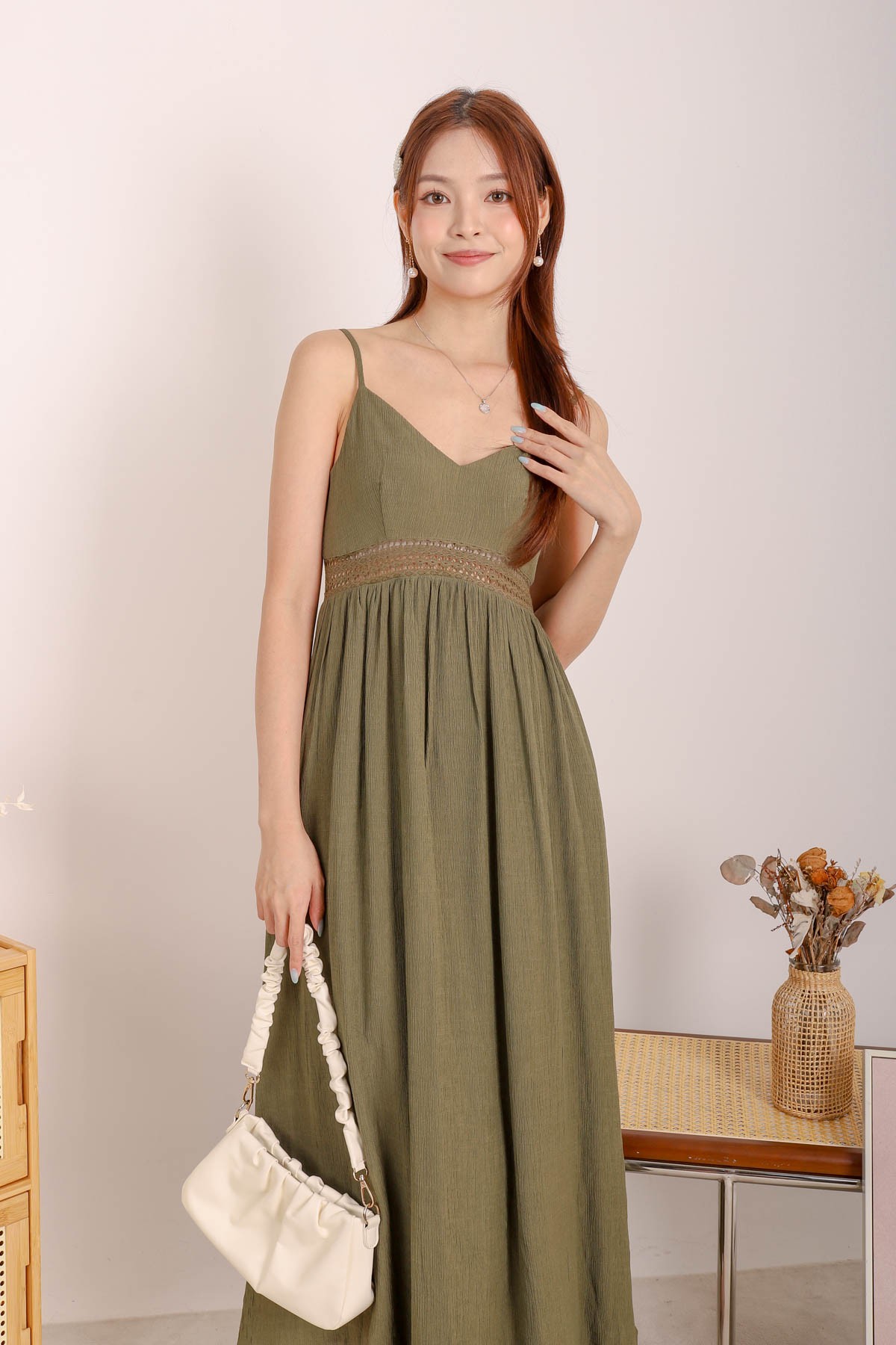 Gisara | Olive High-Neck Maxi Dress With Sash And Draped-Detailing