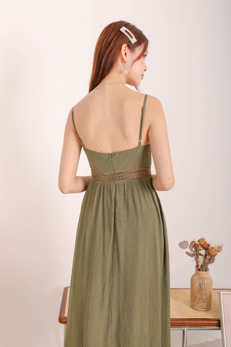 Galene V-Neck Laced Maxi Dress in Olive