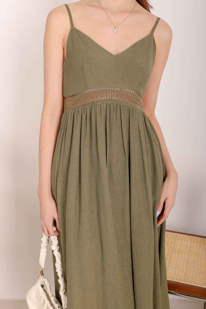 Galene V-Neck Laced Maxi Dress in Olive