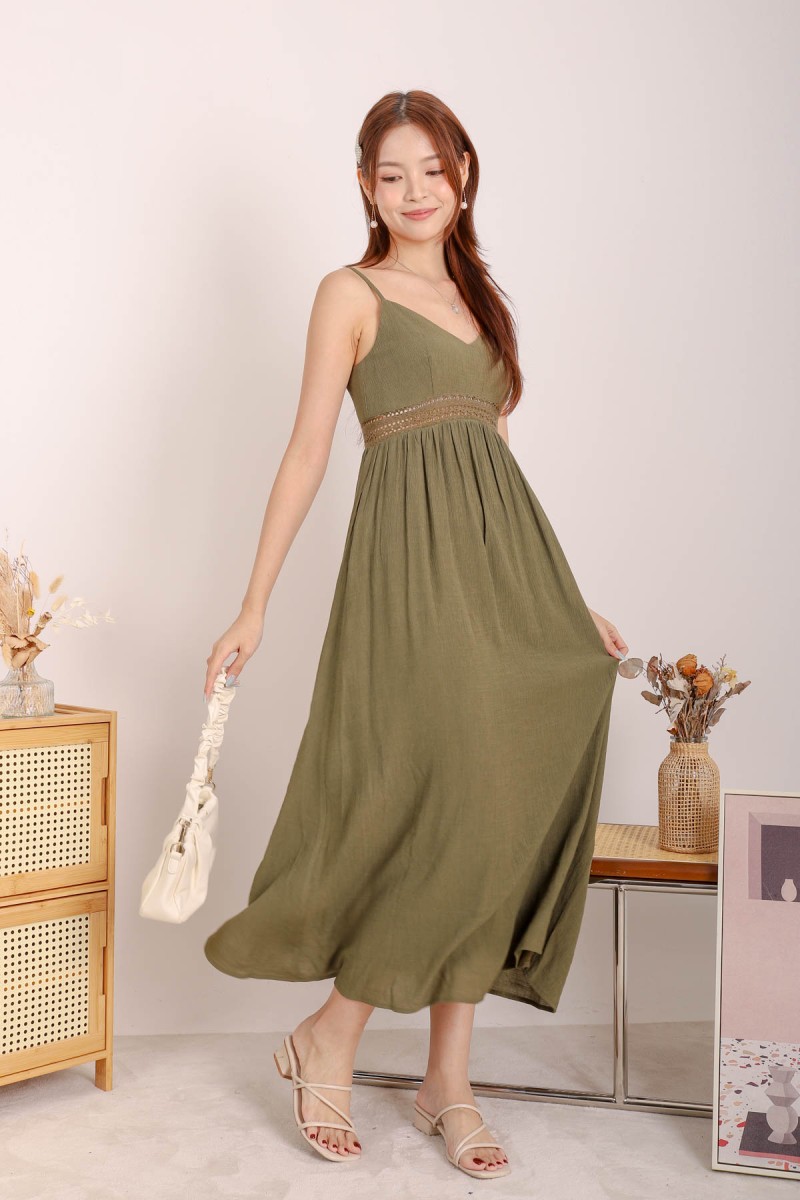 Galene V-Neck Laced Maxi Dress in Olive