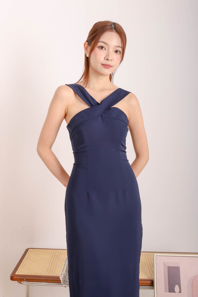 Laith Slit Sheath Dress in Navy