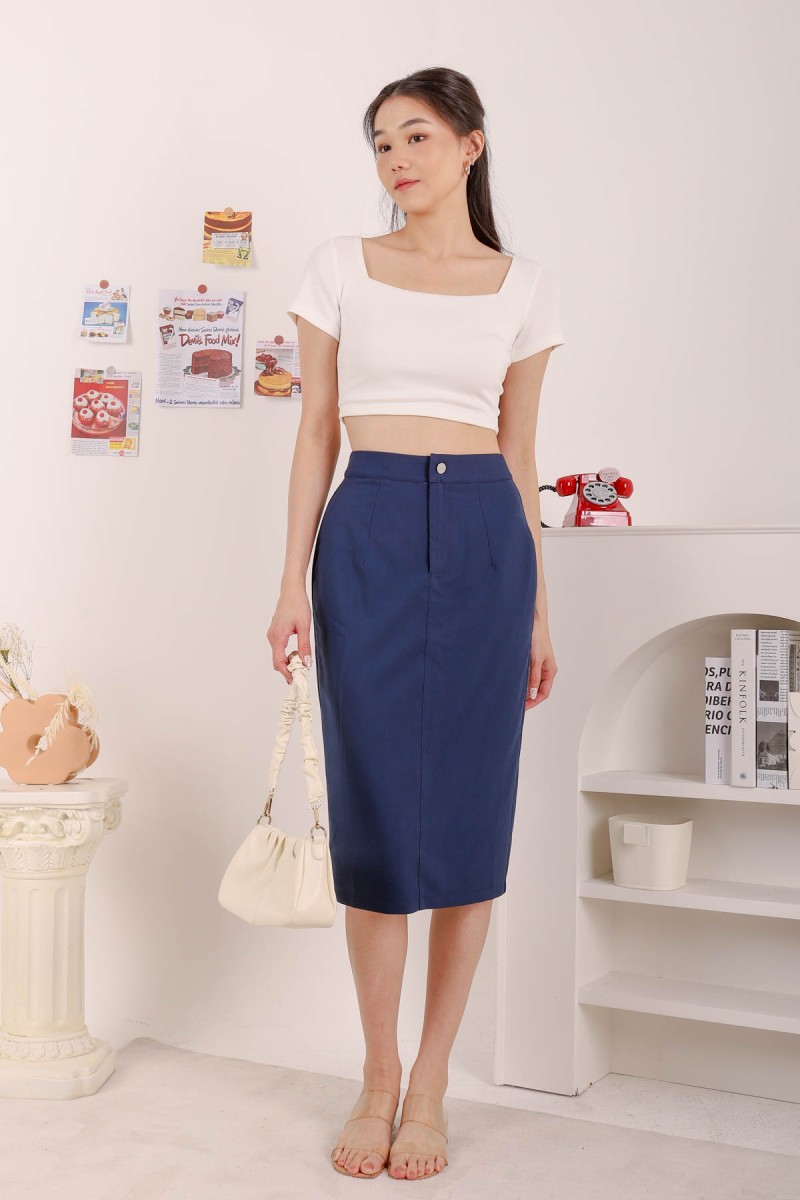 Sena Button Midi Skirt in Navy