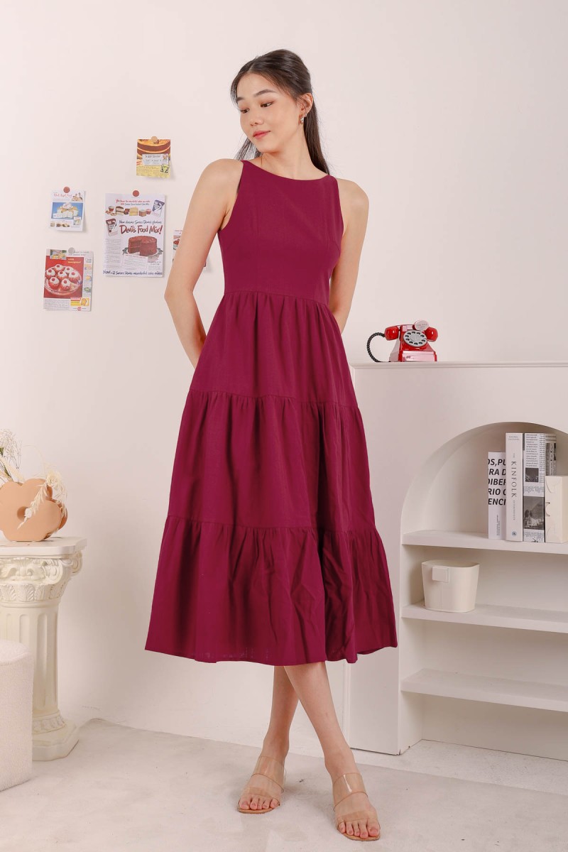 Alyssa Tiered Midi Dress in Wine