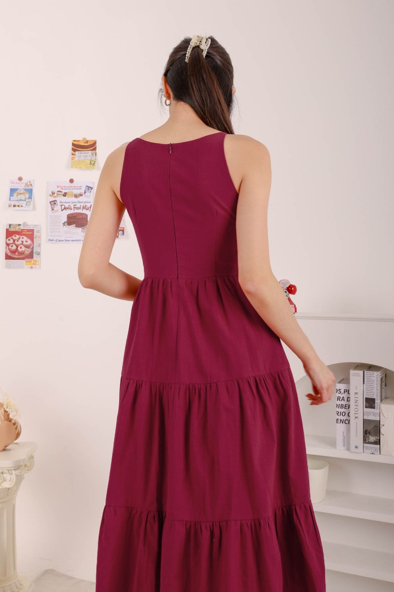 Alyssa Tiered Midi Dress in Wine