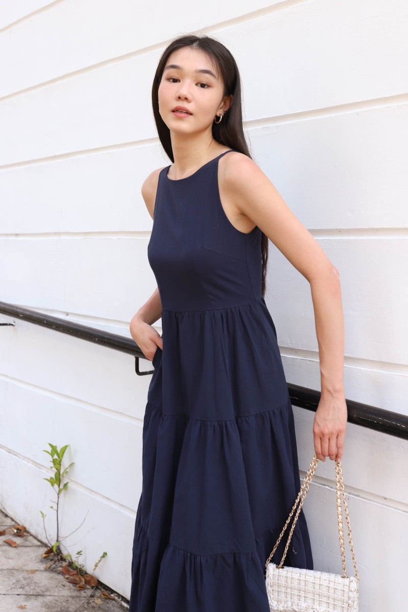 Alyssa Tiered Midi Dress in Navy