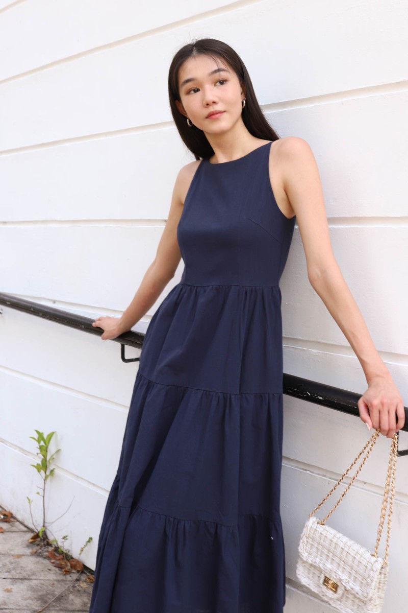 Alyssa Tiered Midi Dress in Navy