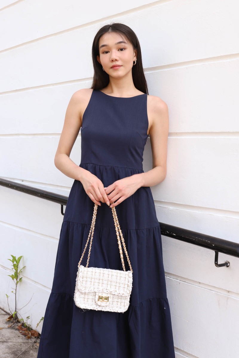 Alyssa Tiered Midi Dress in Navy