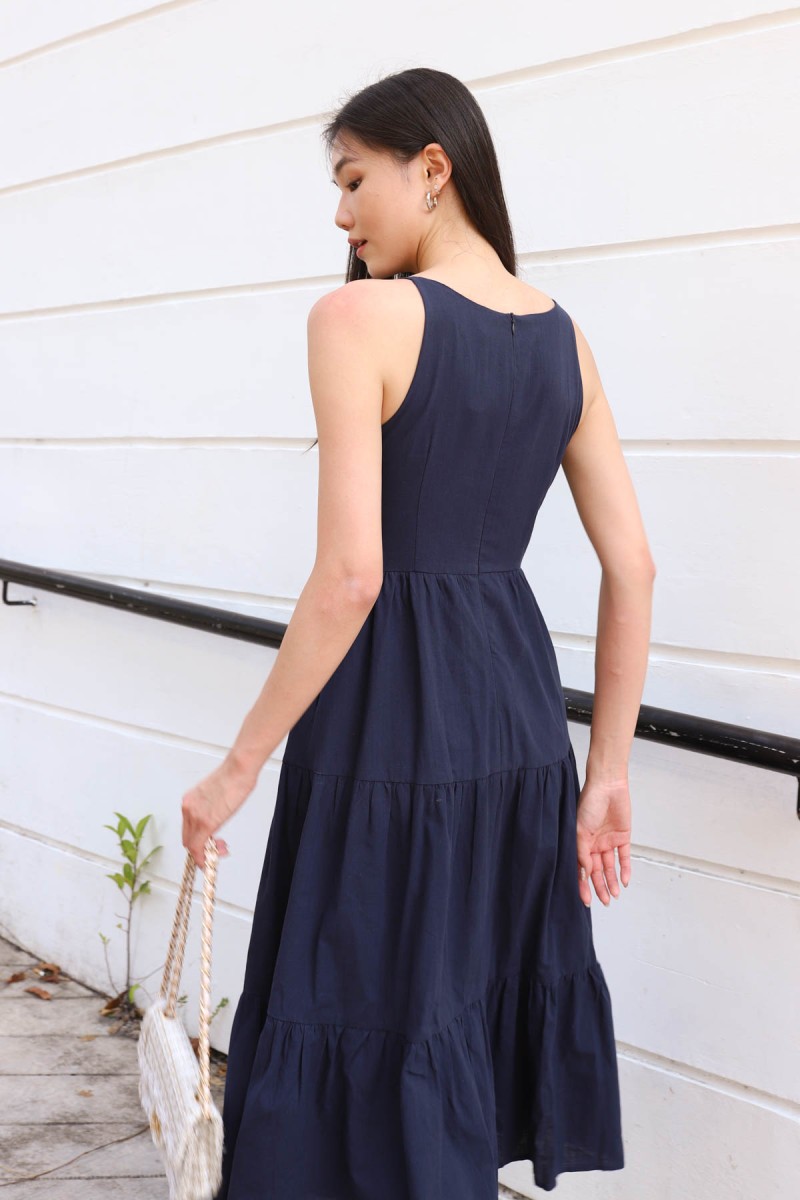 Alyssa Tiered Midi Dress in Navy