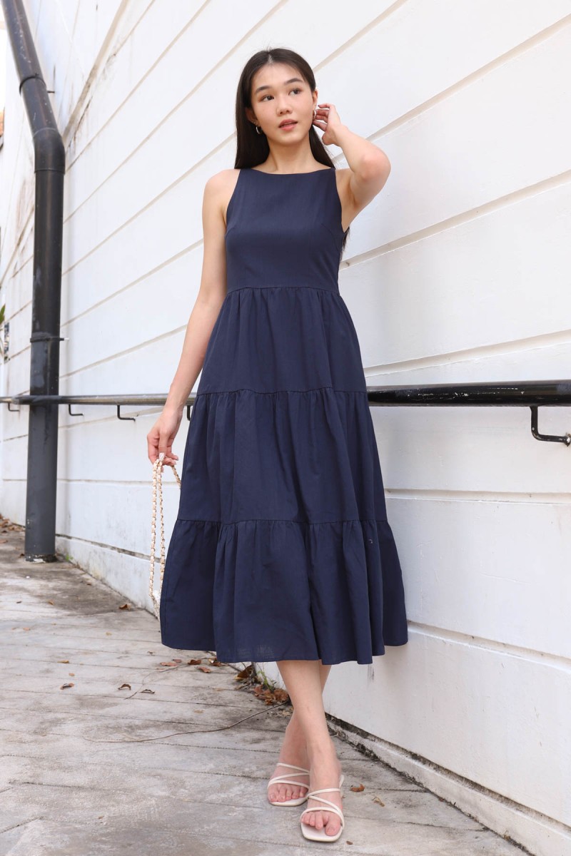 Alyssa Tiered Midi Dress in Navy