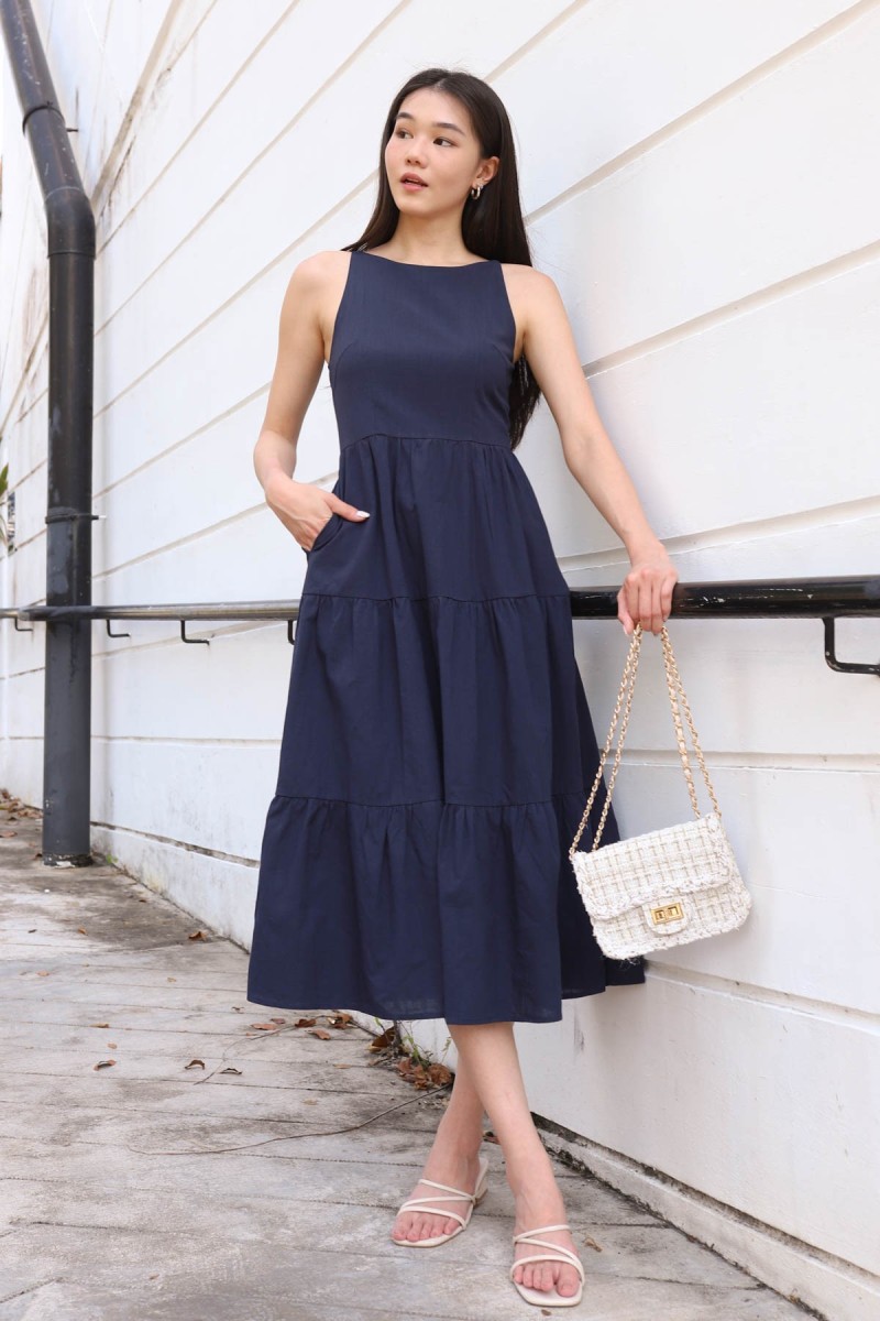 Alyssa Tiered Midi Dress in Navy