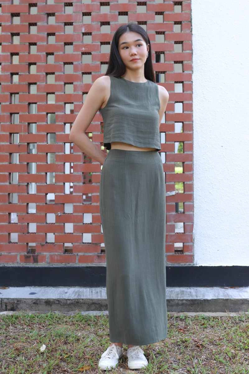 Kana Linen Maxi Skirt in Olive