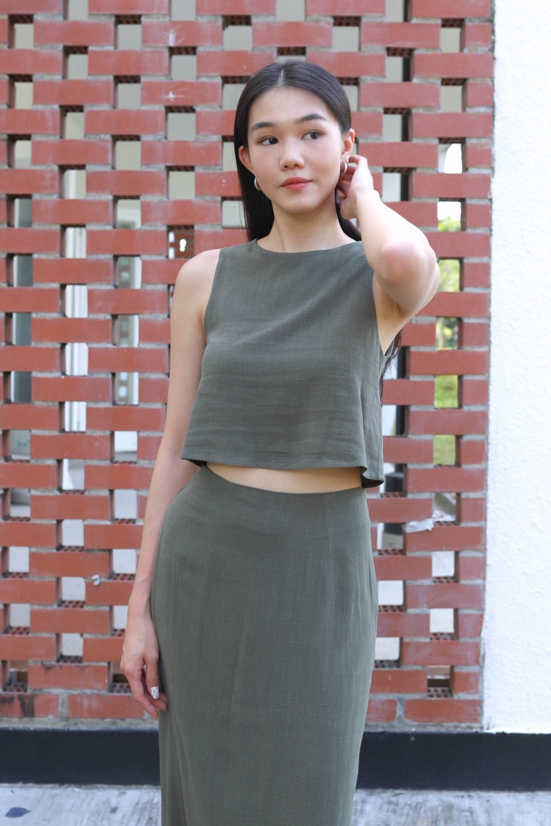 Kana Linen Maxi Skirt in Olive