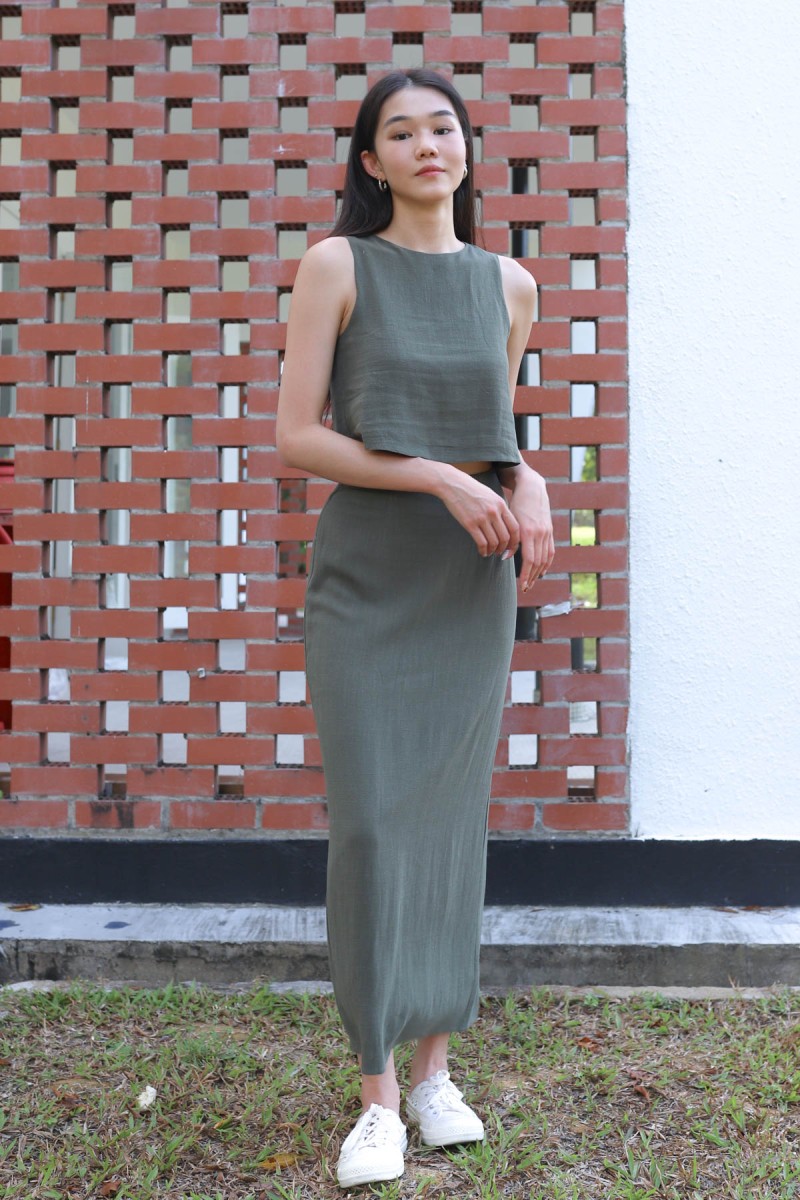 Kana Linen Maxi Skirt in Olive