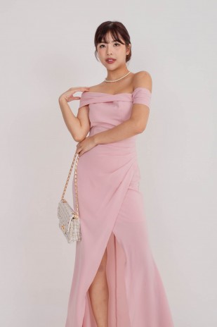 BACKORDERS4: Viore Off-Shoulder Overlap Dress in Blush