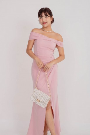 BACKORDERS4: Viore Off-Shoulder Overlap Dress in Blush