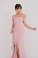 BACKORDERS4: Viore Off-Shoulder Overlap Dress in Blush