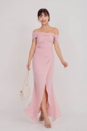 BACKORDERS4: Viore Off-Shoulder Overlap Dress in Blush