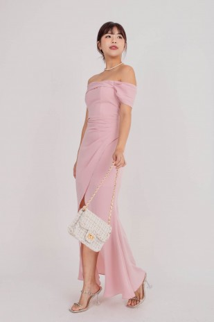 BACKORDERS4: Viore Off-Shoulder Overlap Dress in Blush