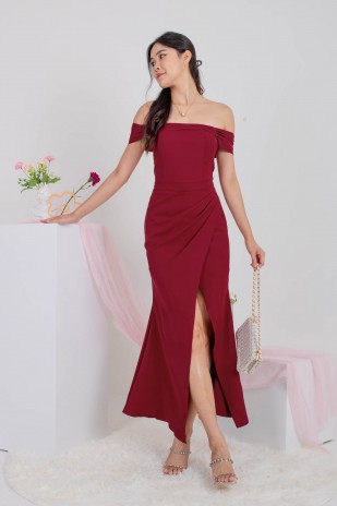 BACKORDERS5: Viore Off-Shoulder Overlap Dress in Wine