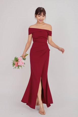 BACKORDERS5: Viore Off-Shoulder Overlap Dress in Wine