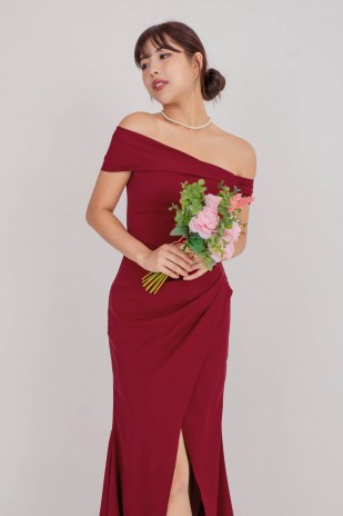 BACKORDERS5: Viore Off-Shoulder Overlap Dress in Wine