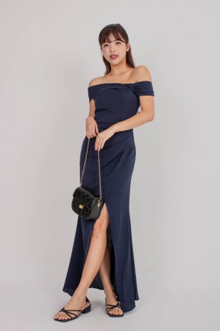 BACKORDERS10: Viore Off-Shoulder Overlap Dress in Navy