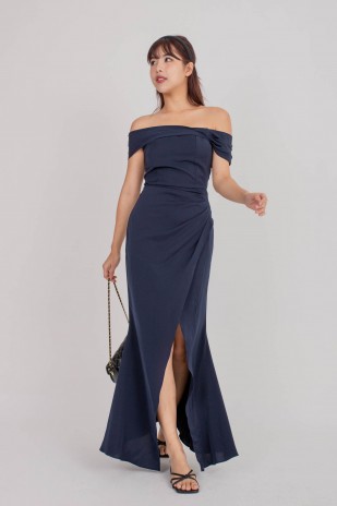 BACKORDERS10: Viore Off-Shoulder Overlap Dress in Navy