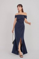 BACKORDERS10: Viore Off-Shoulder Overlap Dress in Navy
