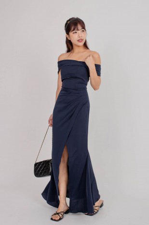 BACKORDERS10: Viore Off-Shoulder Overlap Dress in Navy