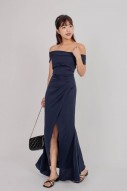 BACKORDERS4: Viore Off-Shoulder Overlap Dress in Navy