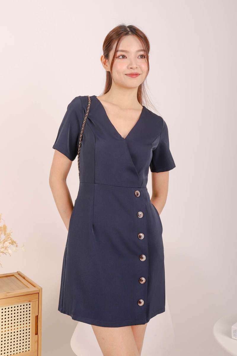 Nelia Button Down Dress in Navy