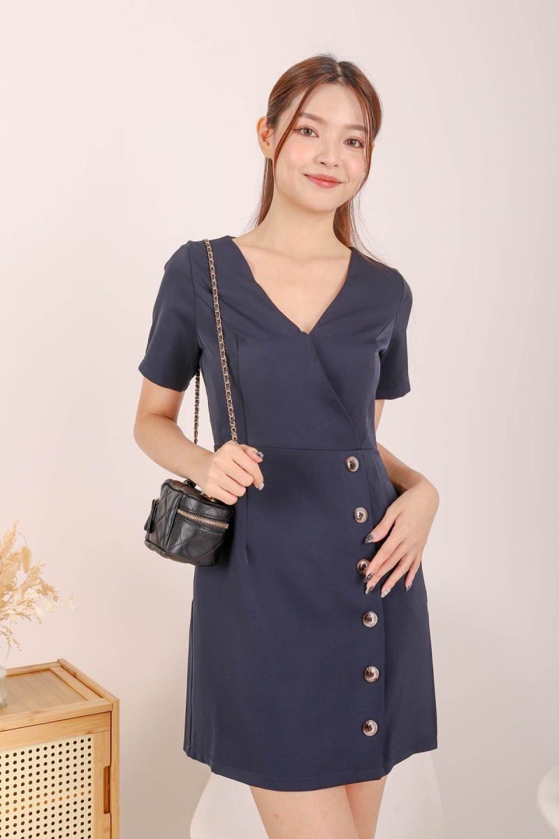 Nelia Button Down Dress in Navy