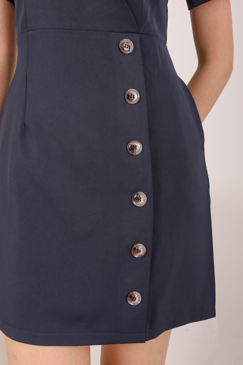 Nelia Button Down Dress in Navy