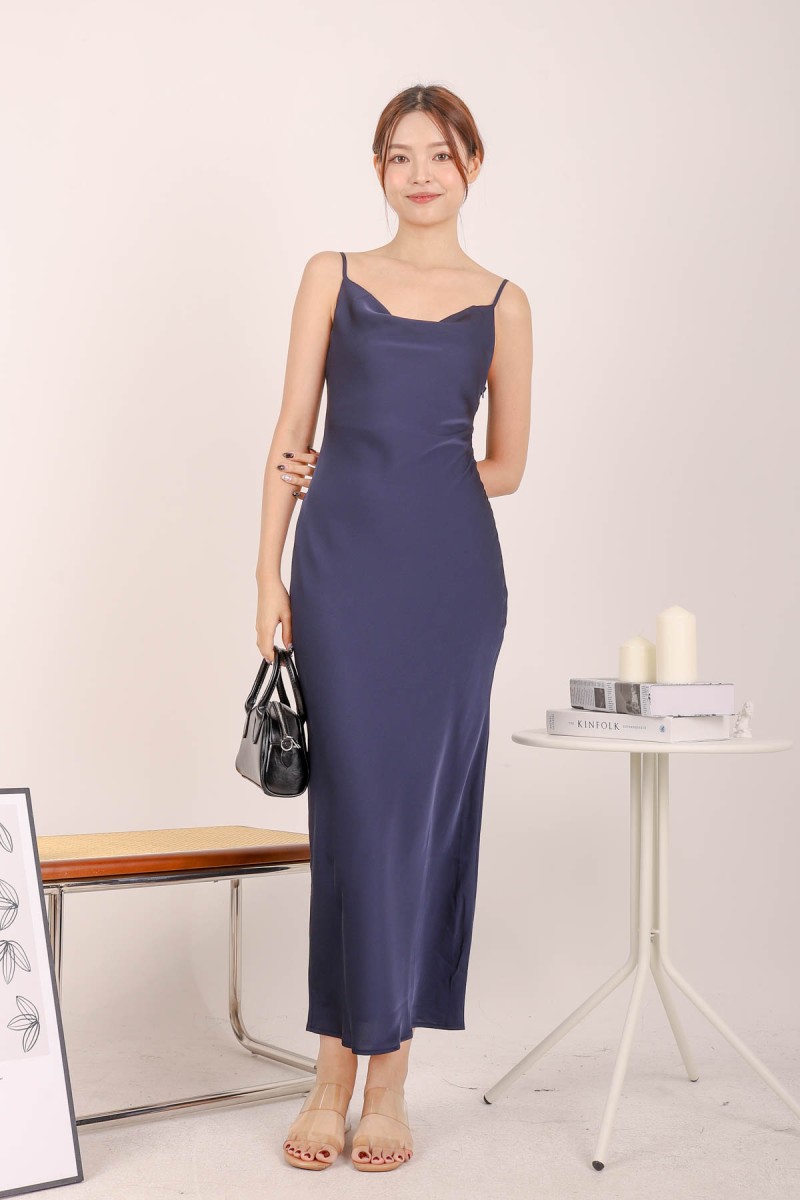 Sandy Satin Cowl Neck Maxi Dress in Navy