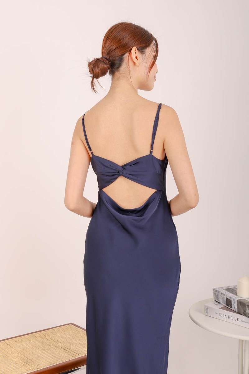 Sandy Satin Cowl Neck Maxi Dress in Navy