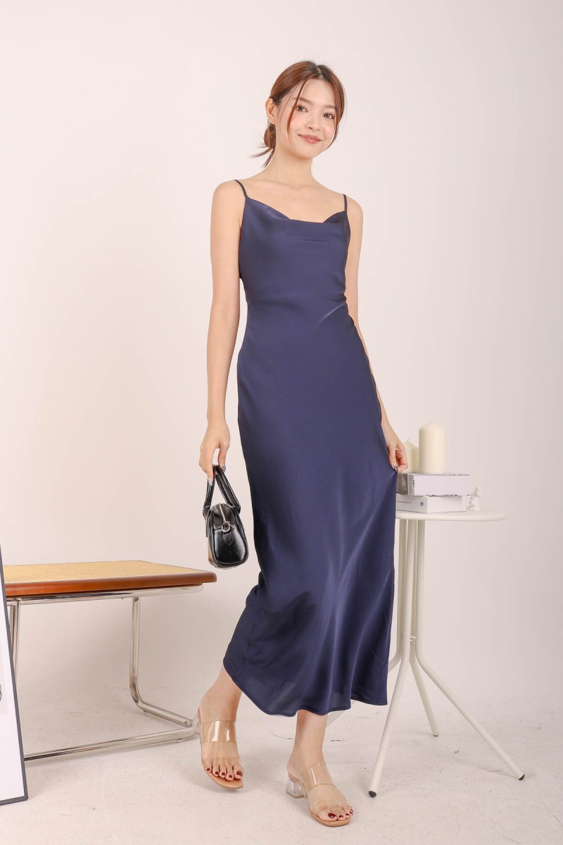 Sandy Satin Cowl Neck Maxi Dress in Navy