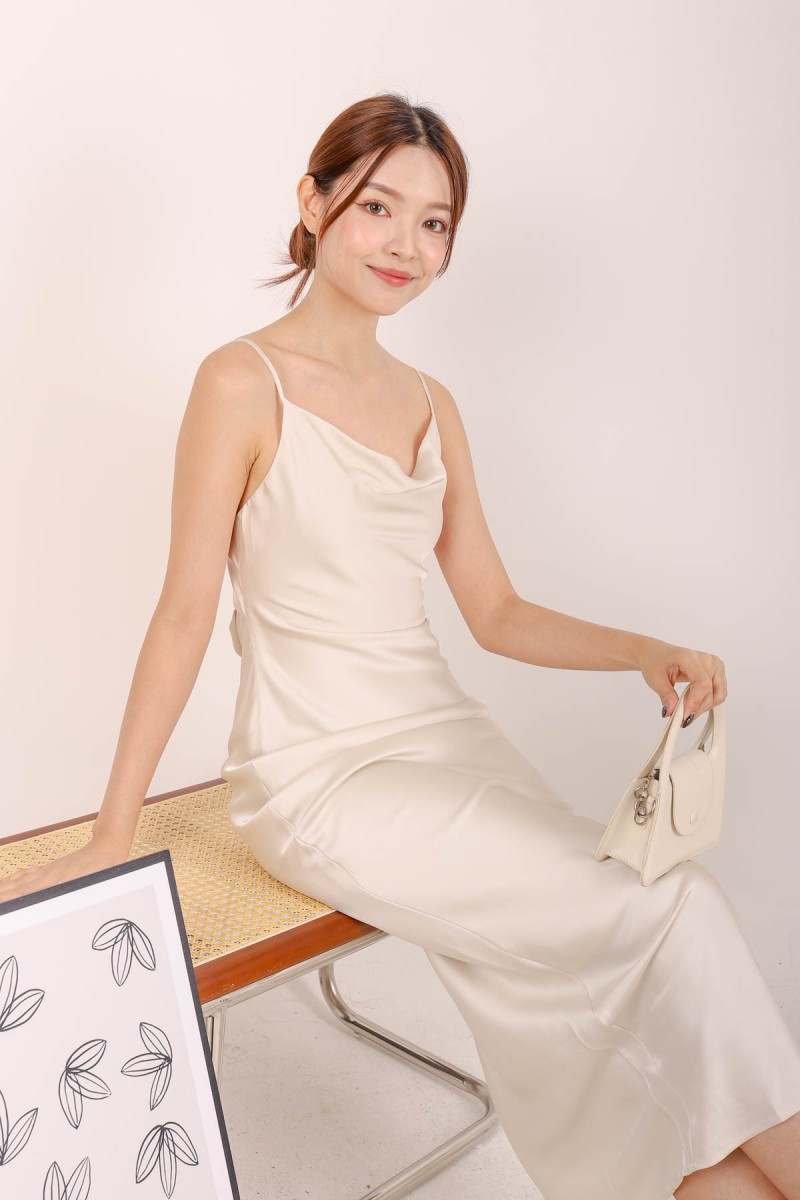 Sandy Satin Cowl Neck Maxi Dress in Cream