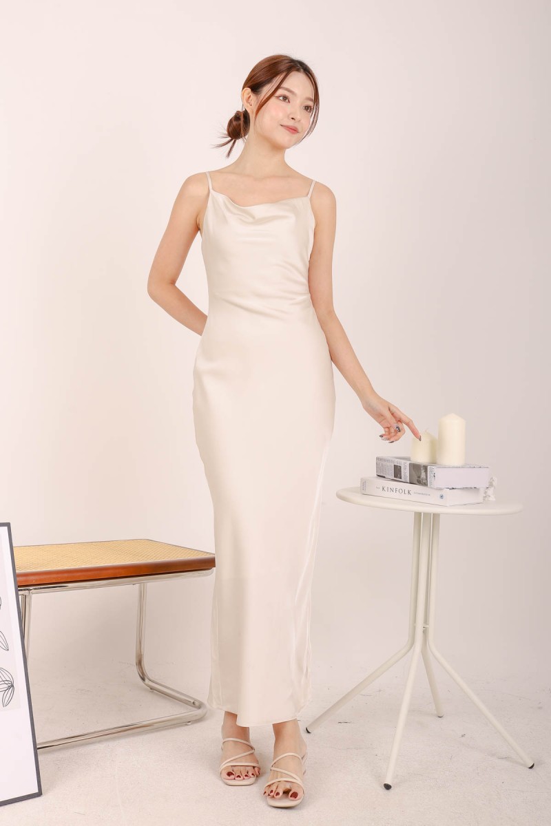 Sandy Satin Cowl Neck Maxi Dress in Cream