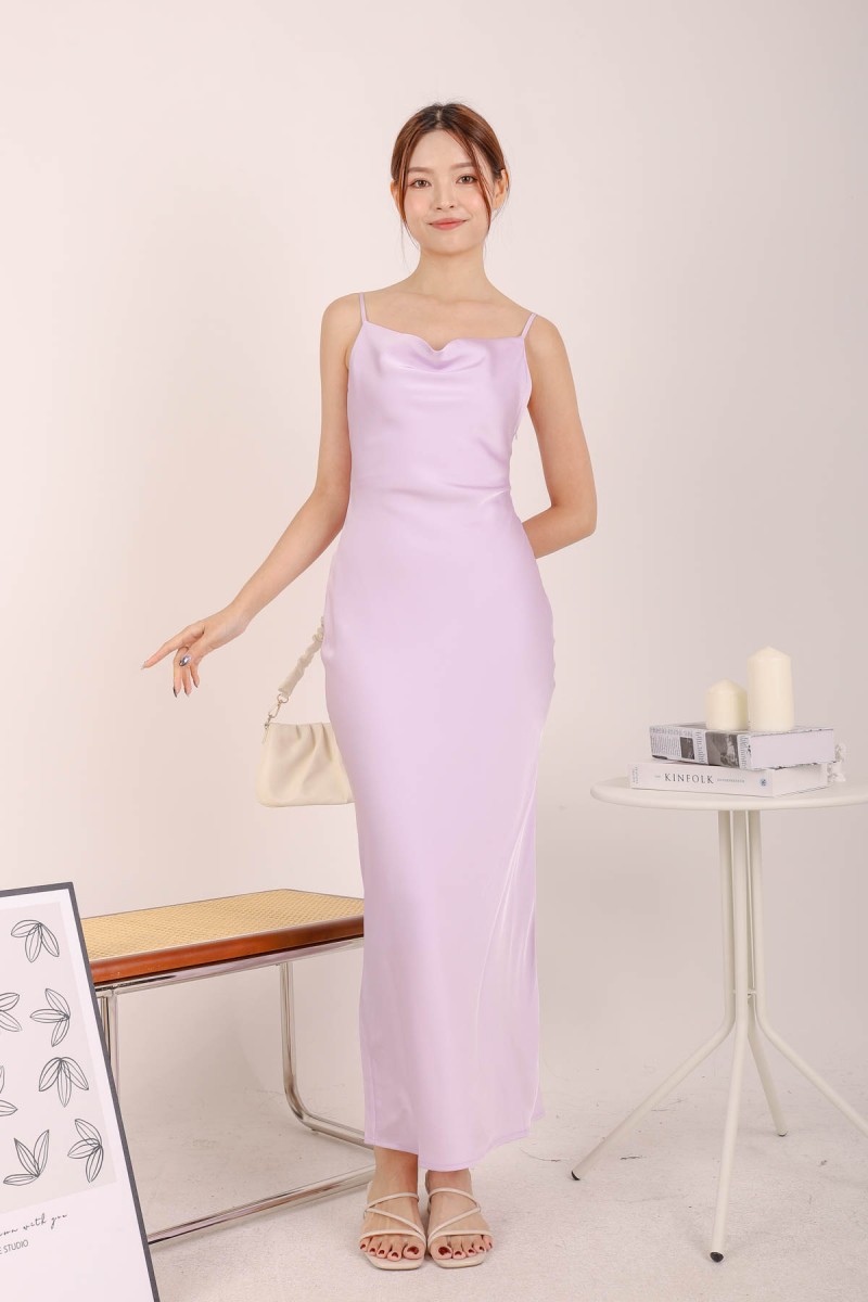 Sandy Satin Cowl Neck Maxi Dress in Lilac