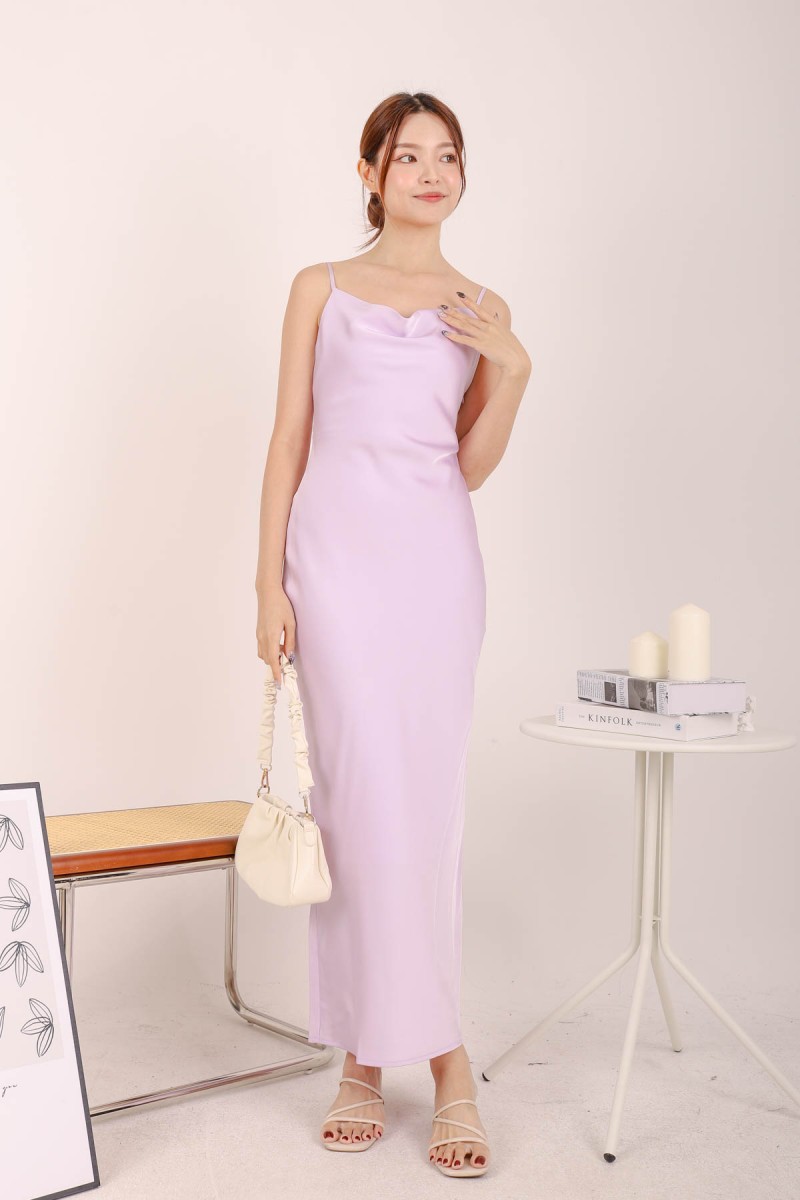 Sandy Satin Cowl Neck Maxi Dress in Lilac