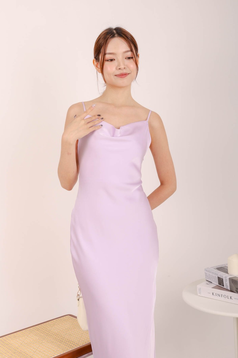 Sandy Satin Cowl Neck Maxi Dress in Lilac